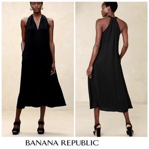 BANANA REPUBLIC Black Juli Crepe Sleeveless Side Slip Pockets Midi Dress Sz L